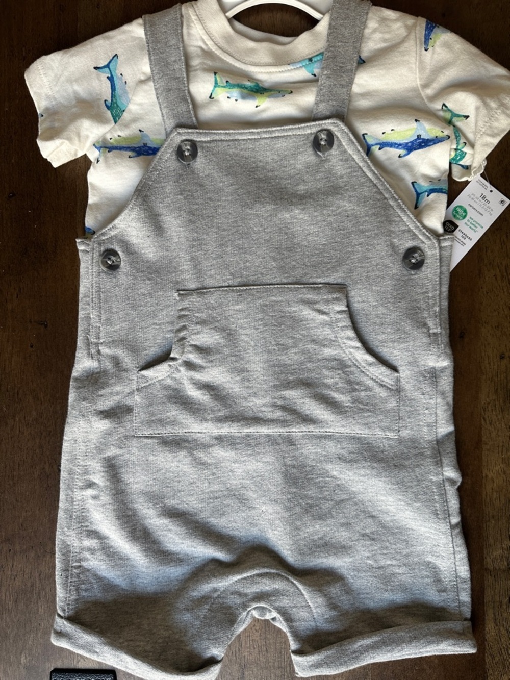 Carter's Gray Short Sleeve Tee with Shark Print and Gray Overalls